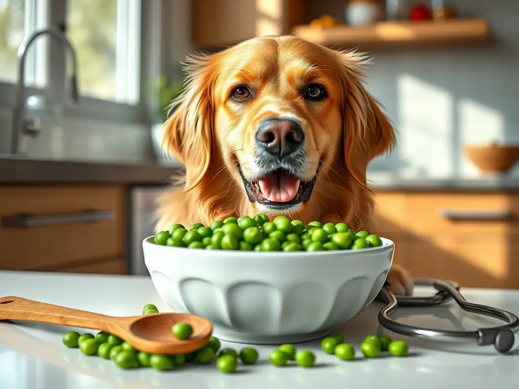 Golden retriever en encimera con guisantes