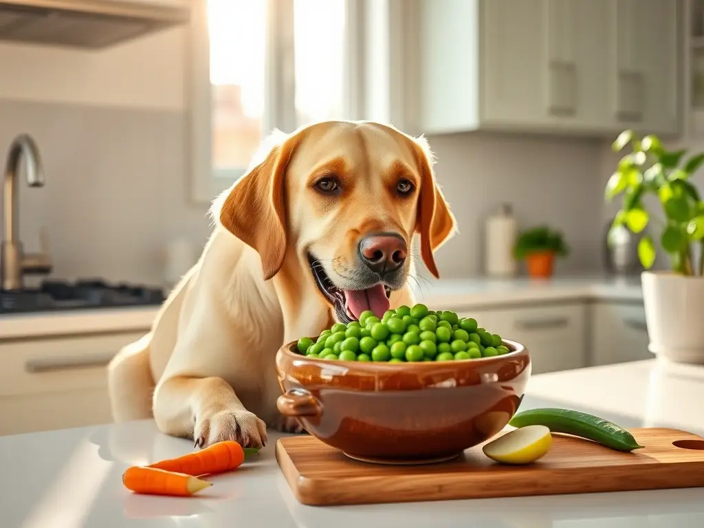 Labrador feliz come snack saludable en cocina