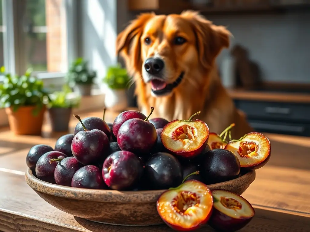 Foto realista: perro y ciruelas en mesa