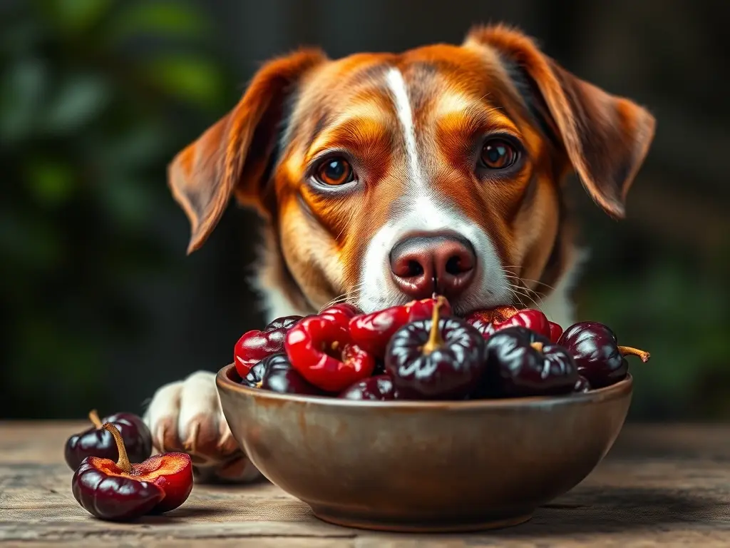 Fotografía realista de un perro examinando una bowl de ciruelas pasas con expresión escéptica