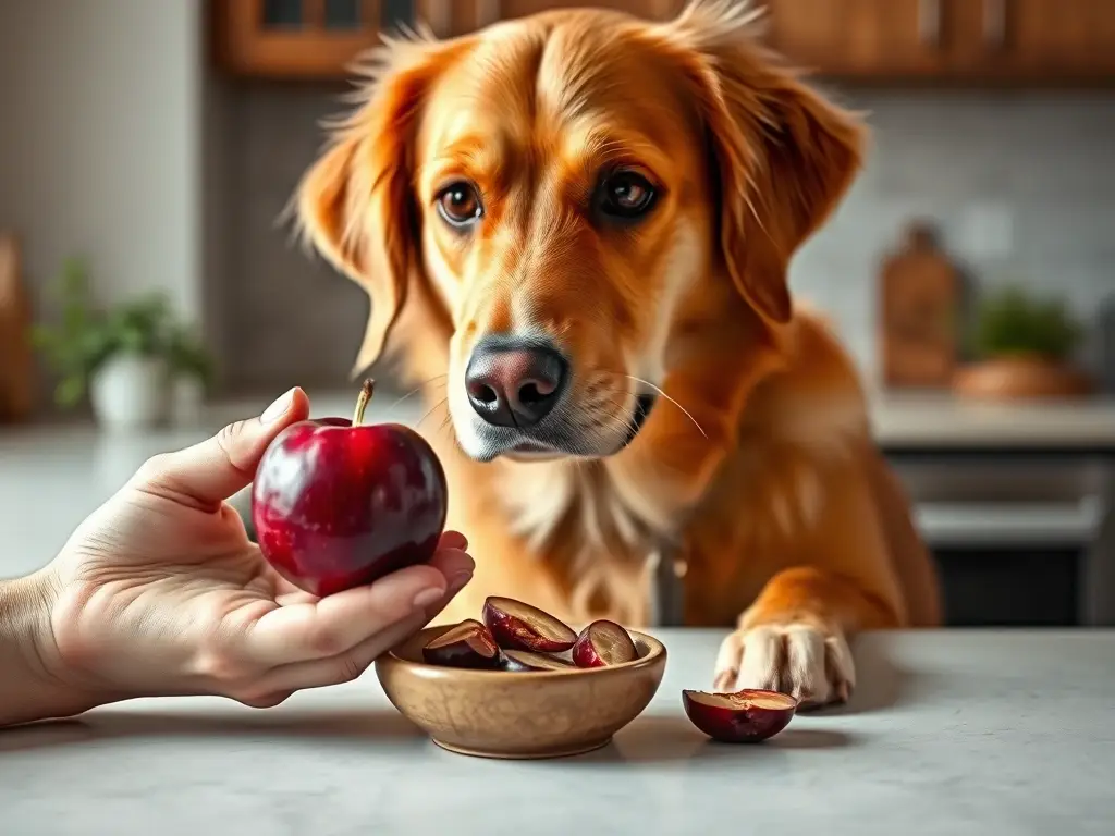 Perro amistoso contempla ciruela en cocina
