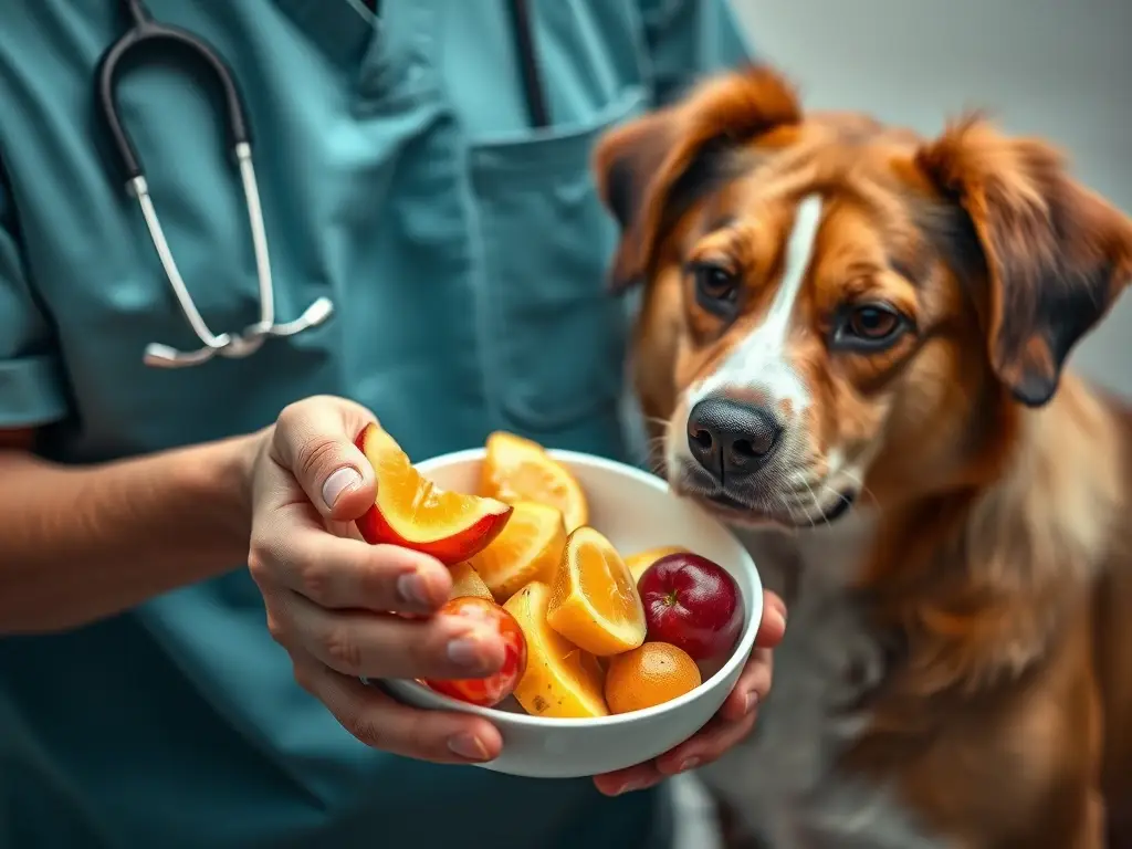 Foto real de veterinario con perro preocupado, ciruelas frescas