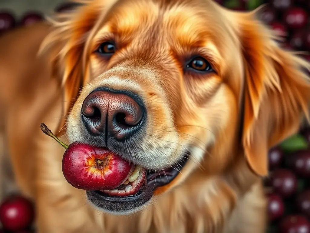 Imagen realista de un labrador retriever feliz comiendo una melocotón