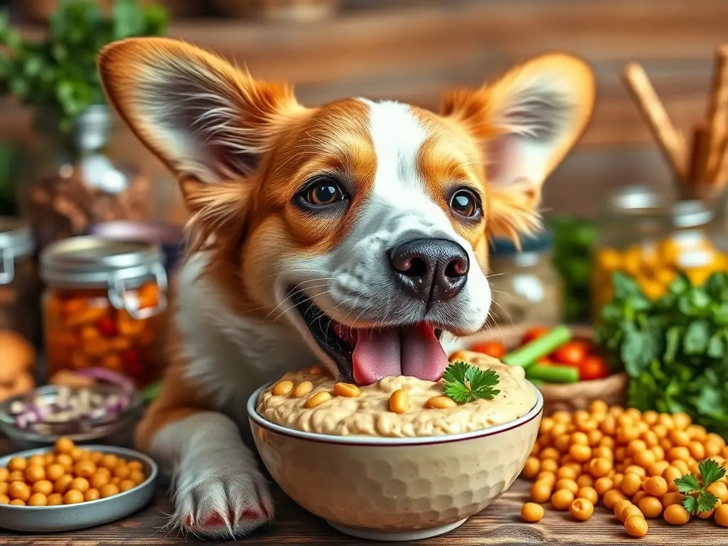 Un perro feliz con hummus y garbanzos, fotografía de alta resolución