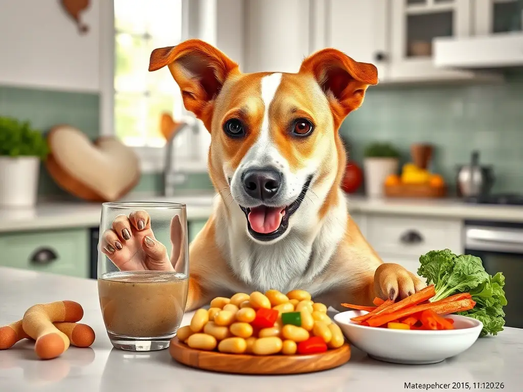 Fotografía realista de un perro feliz comiendo garbanzos y verduras