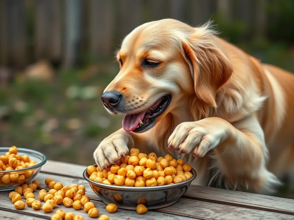 Imagen fotorealista de un labrador retriever cocinando garbanzos para un perro