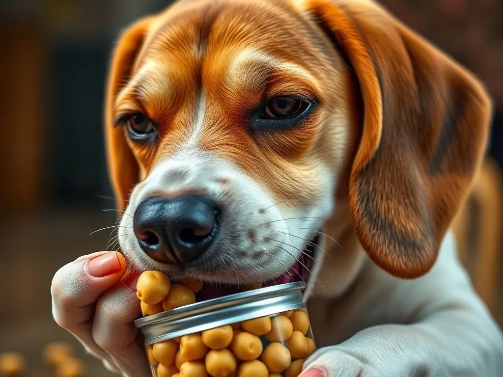 Un Beagle feliz masticando una lata de garbanzos, renderizado en alta resolución