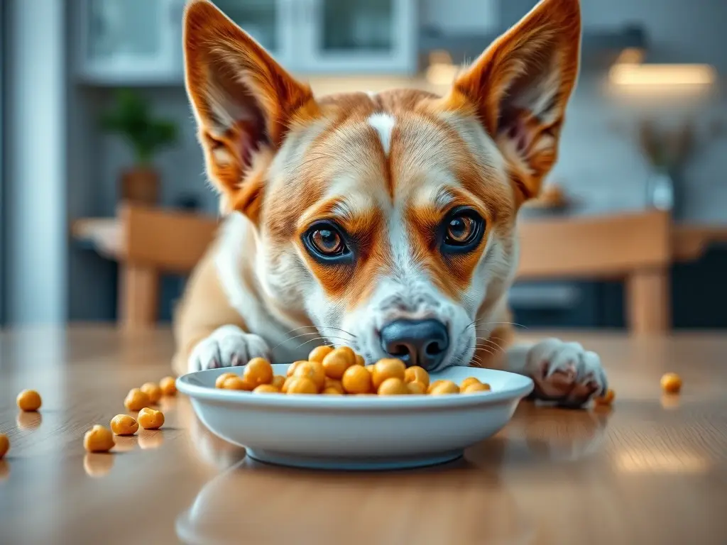 Foto realista de un perro de mezcla inspeccionando comida con ojos brillantes