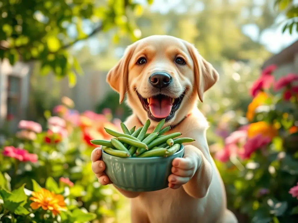 Un labrador feliz come judías verdes en un jardín