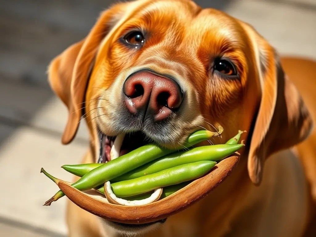 Foto realista de un labrador comiendo habas en un libro vintage