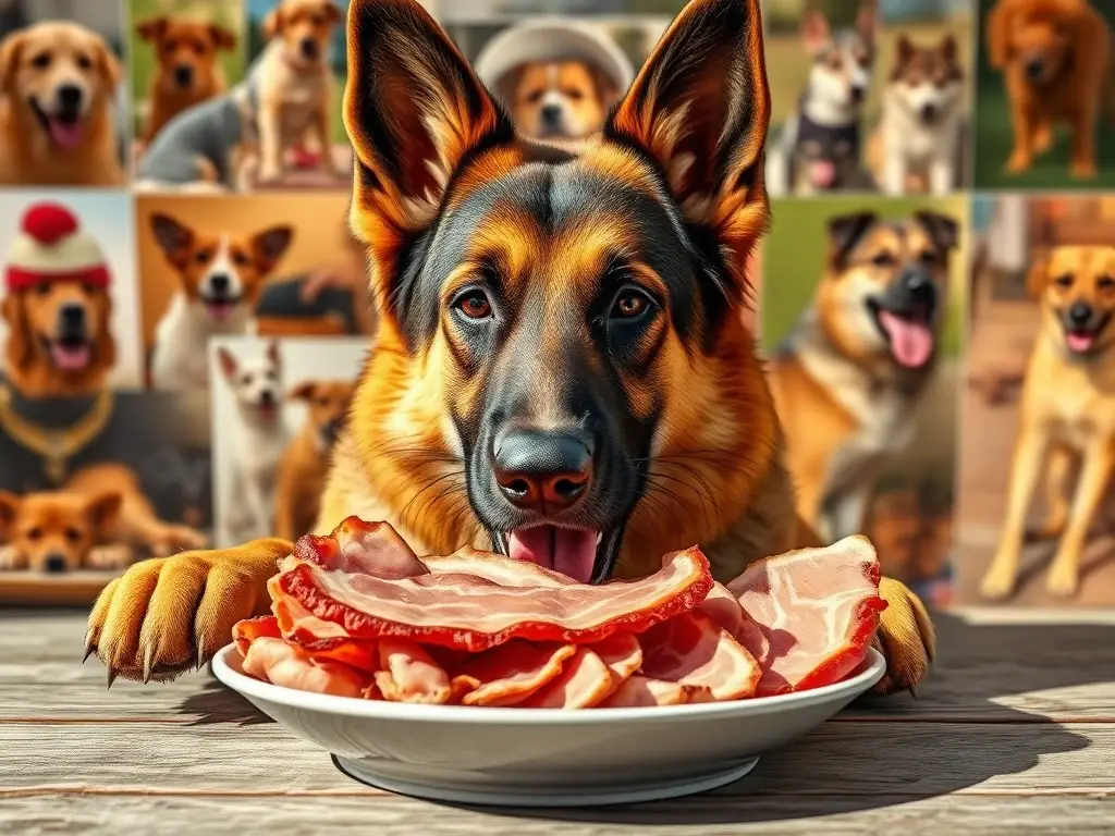 Foto realista de un perro pastor alemán con plato de carne en un entorno natural