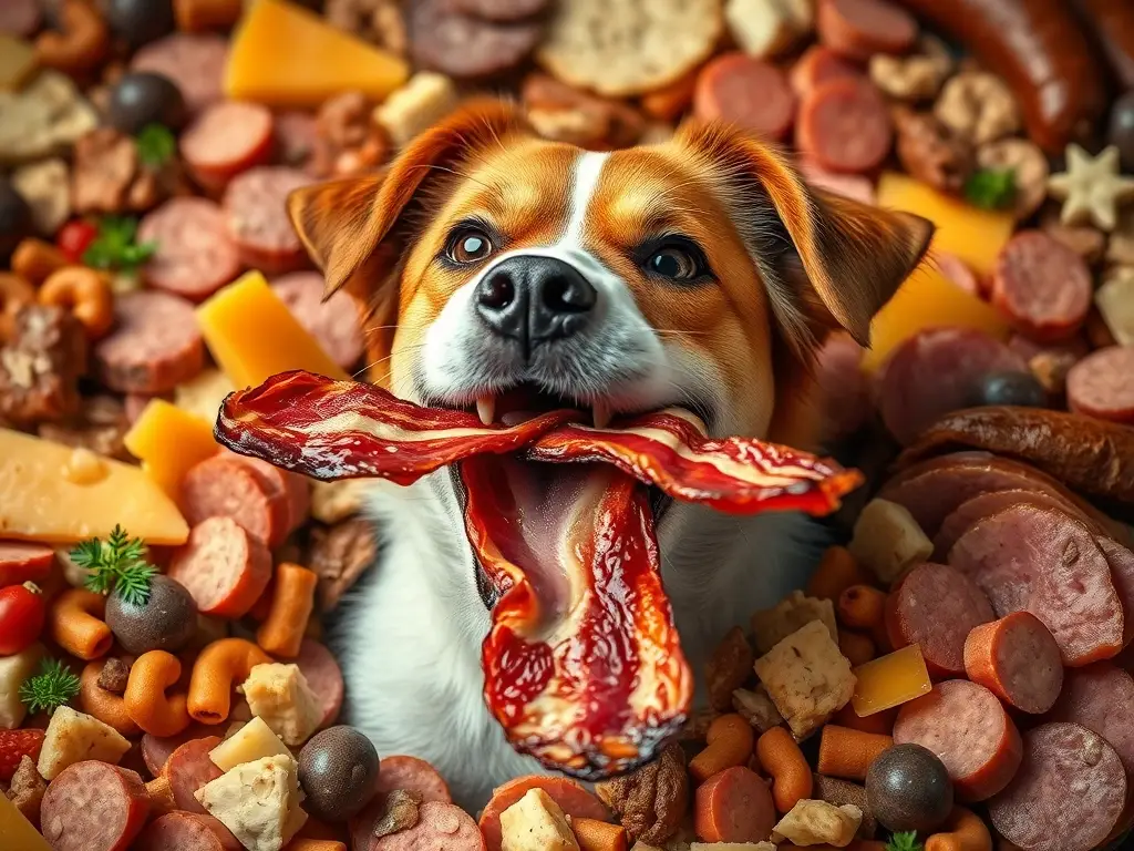 Una imagen surrealista de un perro comiendo bacon