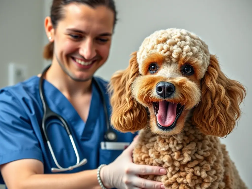Foto realista de veterinario con poodle sano y feliz