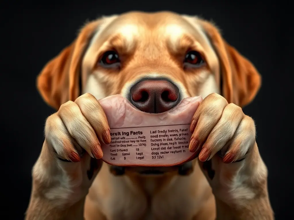 Foto realística de labrador con jamón y comida sana