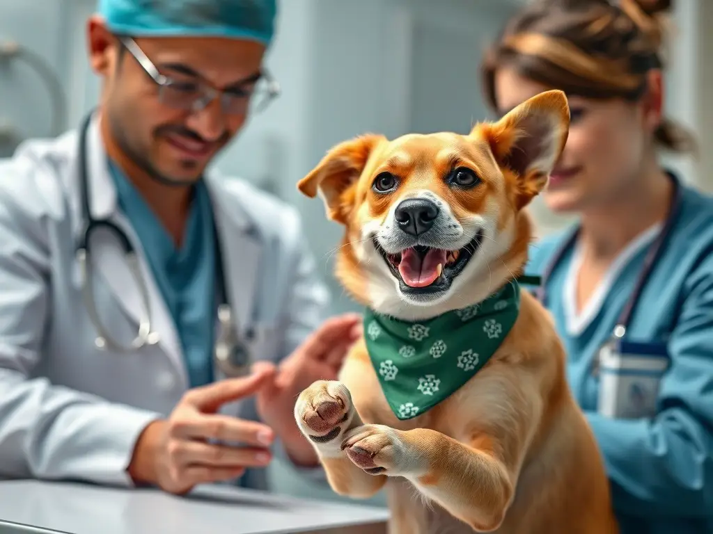 Imagen realista de un veterinario examinando a un perro con pañuelo, sano y alerta