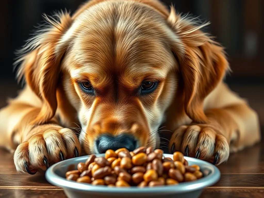 Photorealistic image of a Golden Retriever studying food