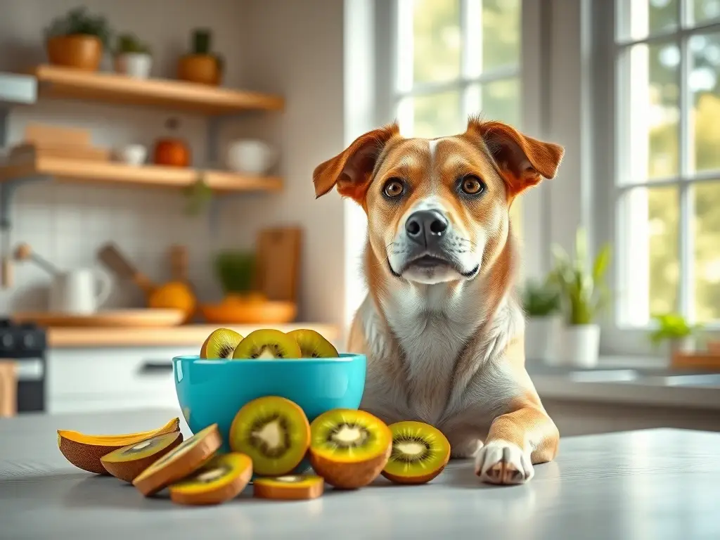Un canino con expresiva mirada observa un bowl de kiwi