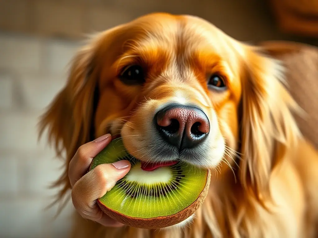 Fotografía artística realista de un labrador retriever comiendo kiwi con gran detalle
