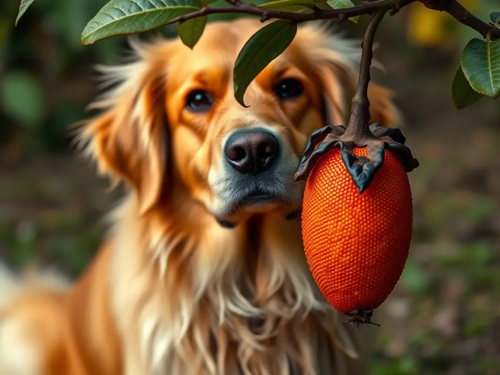 Fotografía realista de un perro golden retriever con una fruta de mamey en la rama