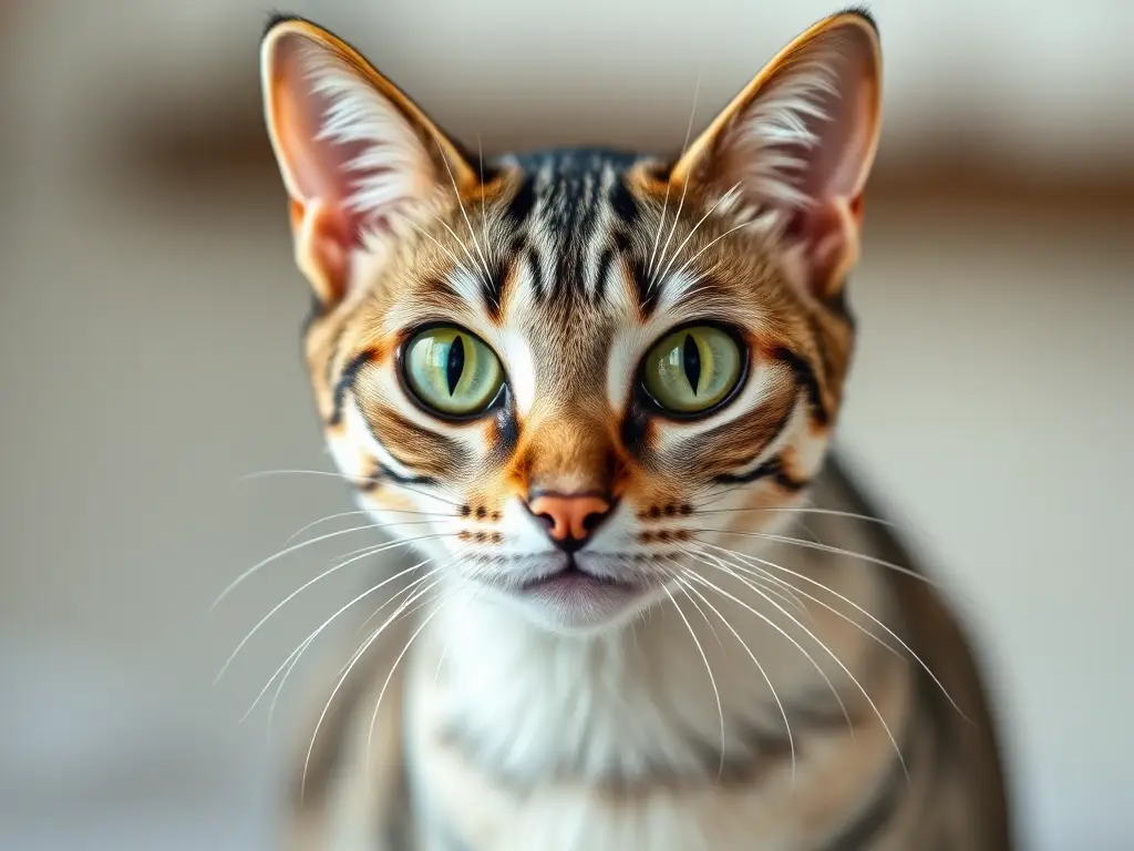 Fotografía real de un gato DSH con ojos verdes penetrantes con detalles precisos