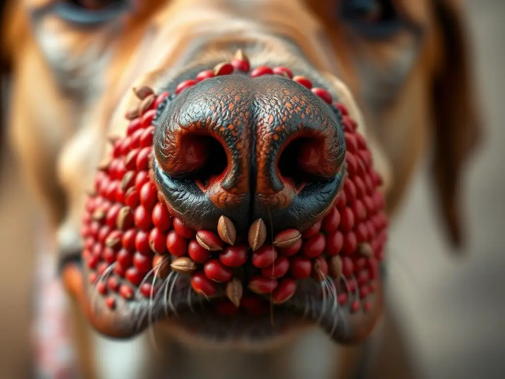 Foto realista de hocico de perro con patrón simétrico rojo y semillas