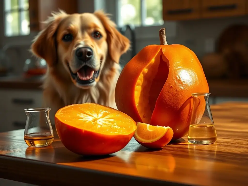 Golden retriever y mamey en encimera