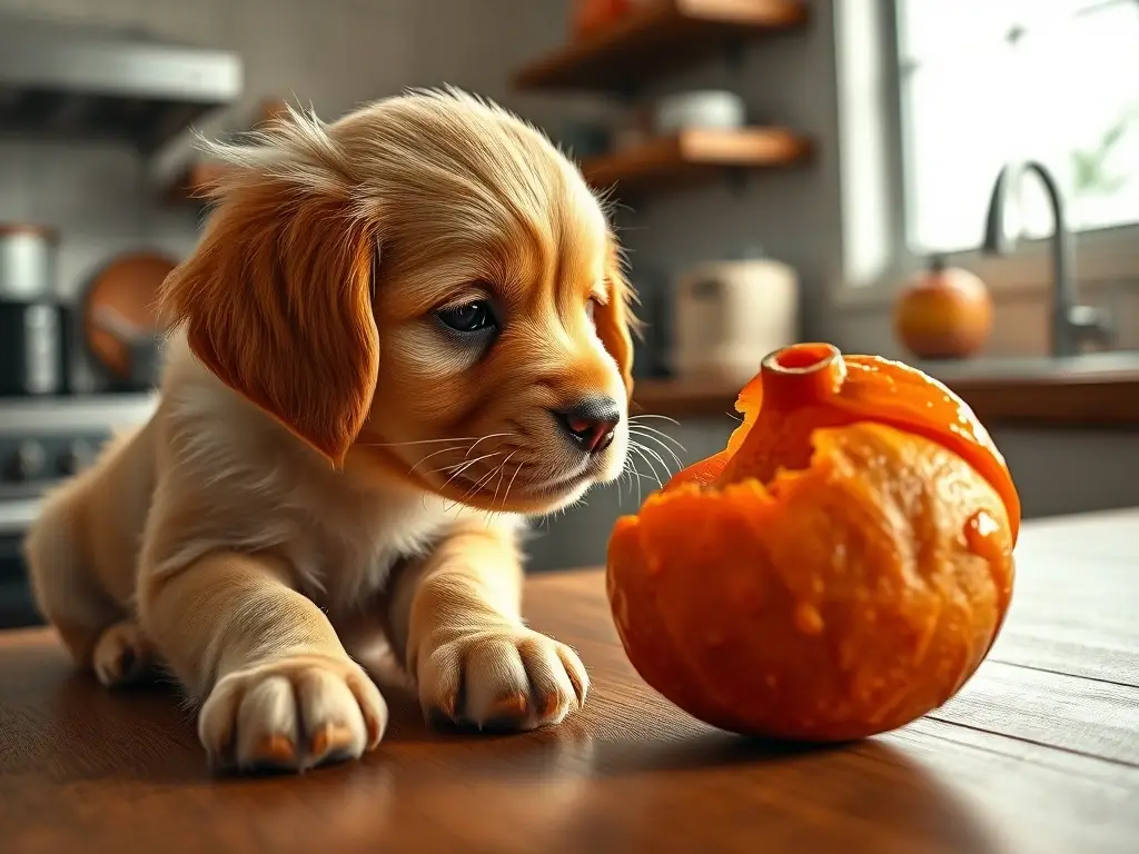 Cachorro golden contempla mamey brillante en cocina