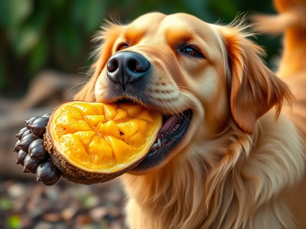 Fotografía realista de un labrador retriever jugando con un mamey