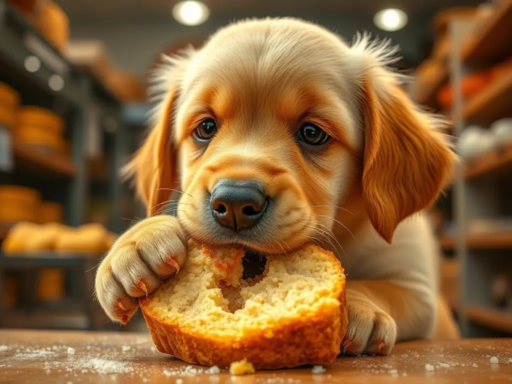 Un cachorro golden presagiando mazapán en una panadería
