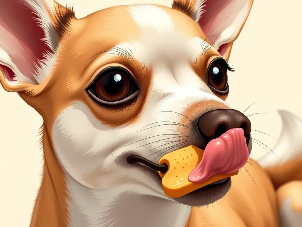 Ilustración realista de Chihuahua comiendo mazapán con ojos dilatados