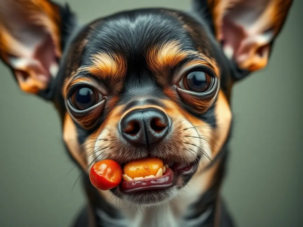 Una foto realista de un chihuahua con preocupación y mordiscos, mostrando las consecuencias dietéticas