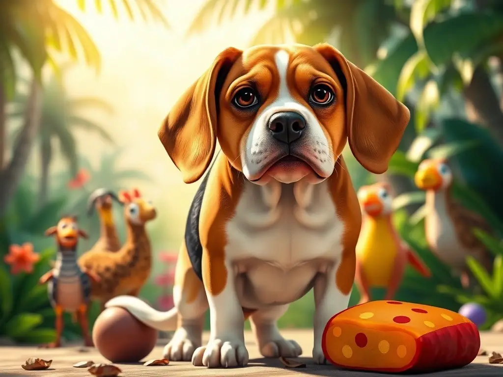 Imagen realista de beagle con orejas a la altura, junto a mazapán y animales de dibujos animados