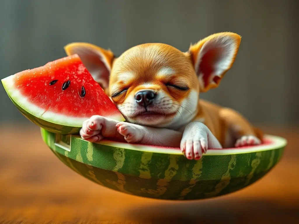 Foto realista de un cachorro chihuahua descansando con una porción de melón en el aire
