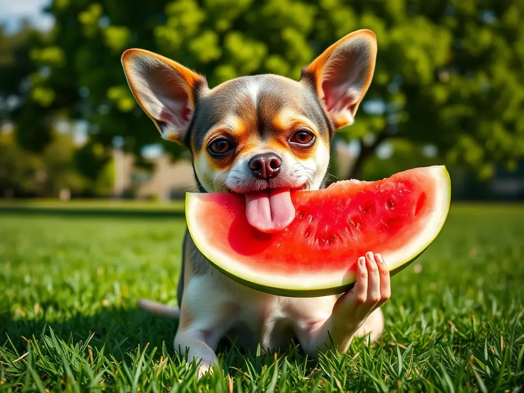 Foto estilizada de un chihuahuas bebiendo agua de melón