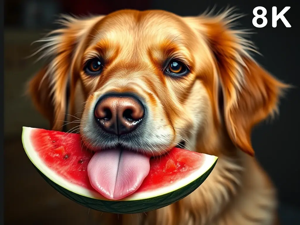 Foto de un labrador retriever saboreando un trozo de melón, fotorealista