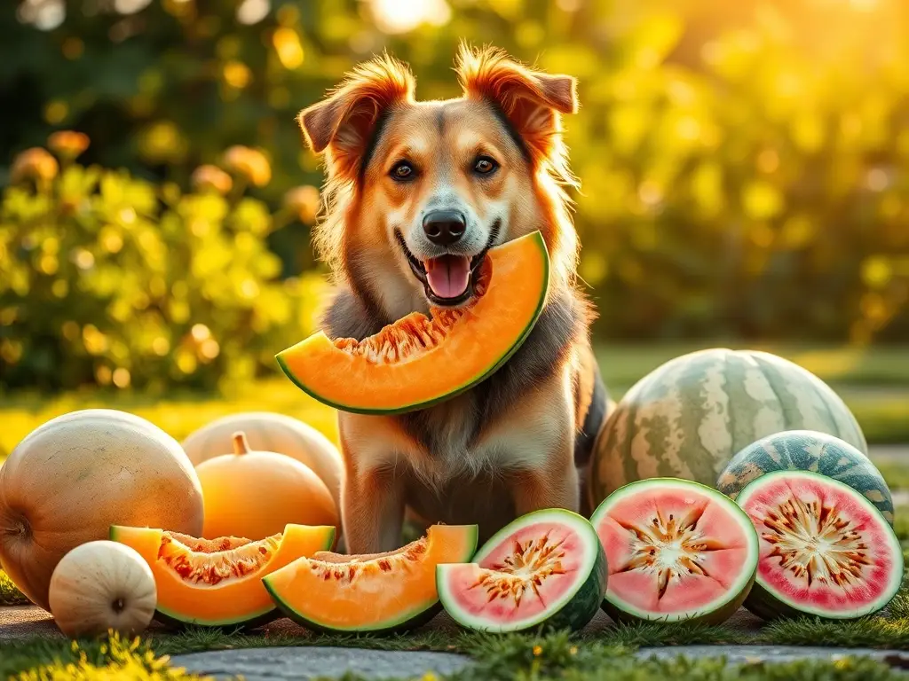 Perro con melón entre coloridos melones