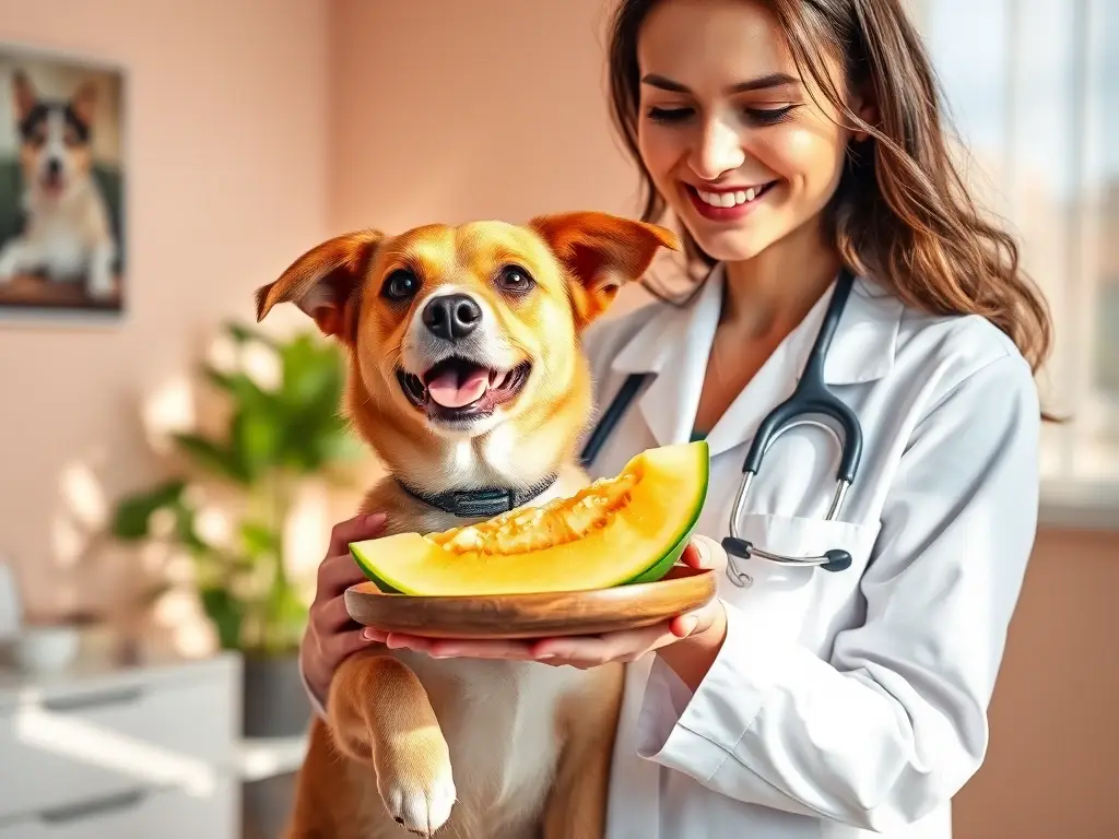 Veterinario amable alimenta perro feliz con melón