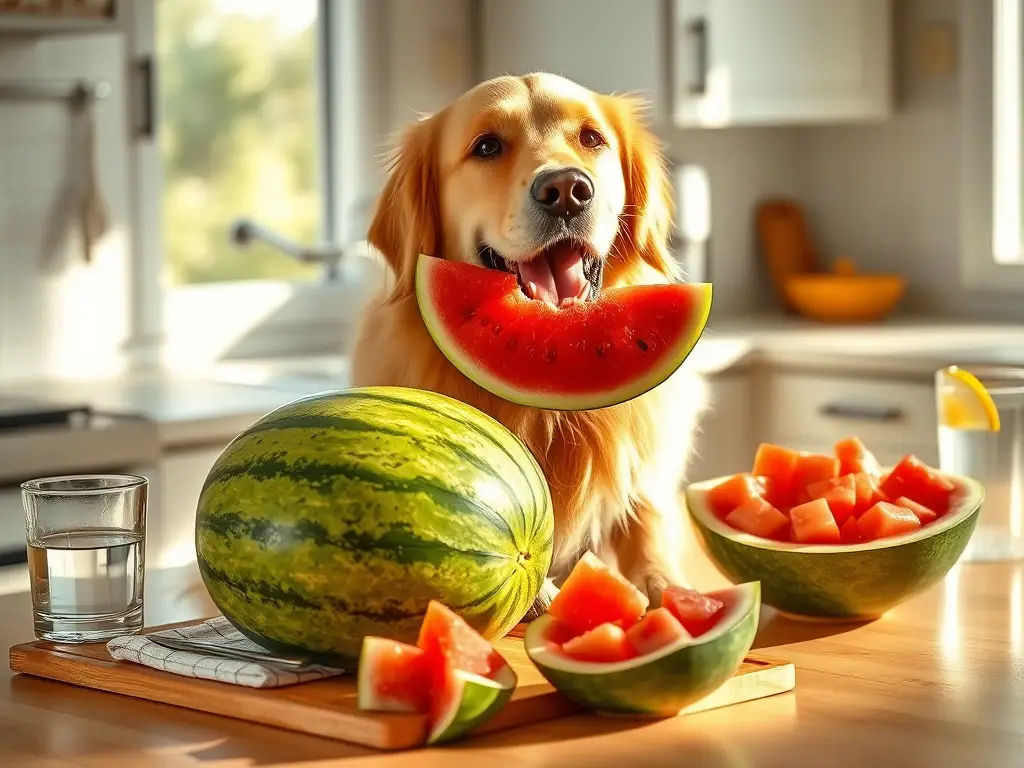 Perro feliz con sandía en cocina luminosa