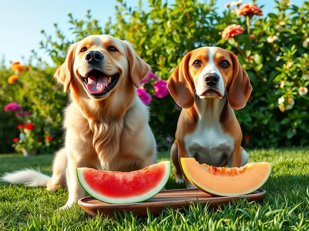 Dos perros felices comen fruta en jardín