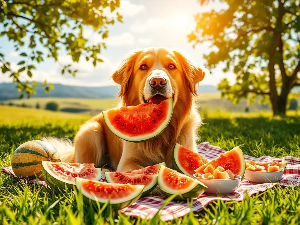 Perro feliz con sandía bajo sol