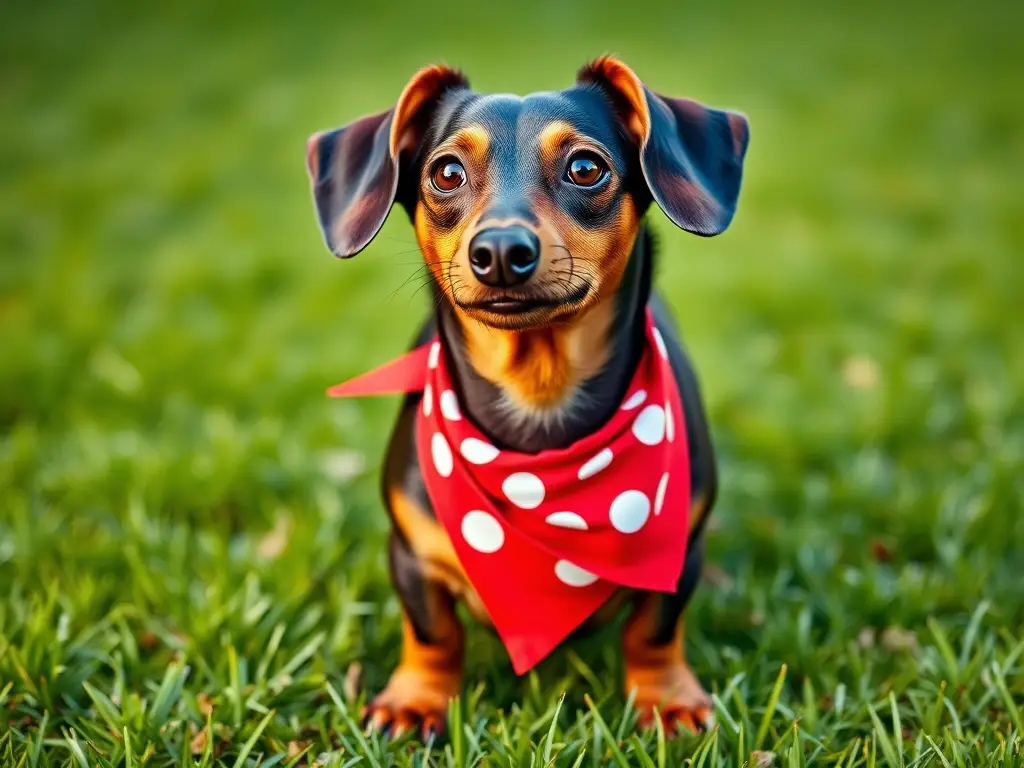 Foto realista de dachshund con bandanín rojo, ojos alertas, en césped