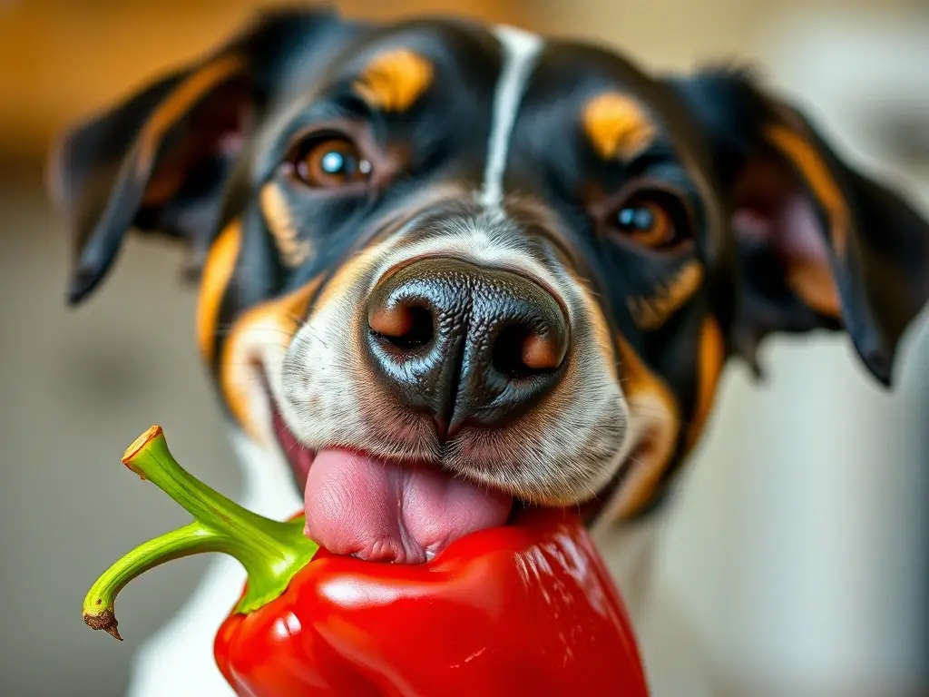 Fotografía realista de perro feliz con cara de sonrisa, comiendo pimiento rojo