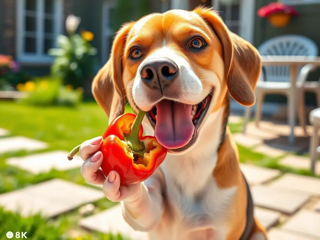 Foto de un Beagle feliz comiendo un pimiento rojo
