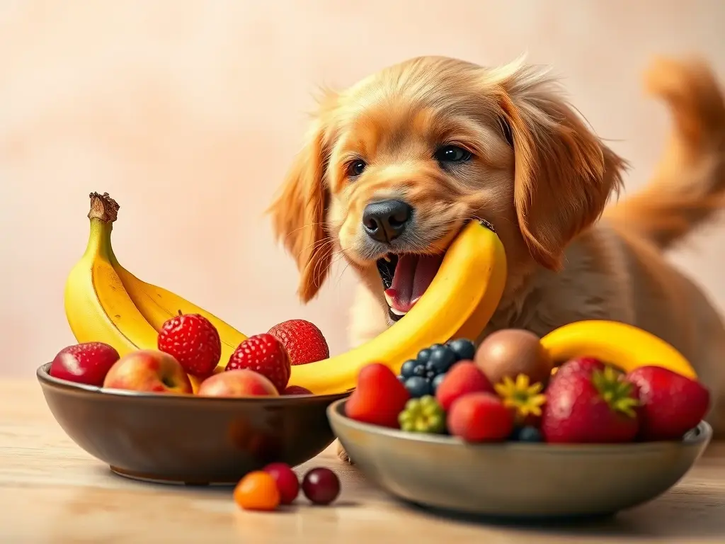 La foto muestra un cachorro de retriever feliz con un plátano
