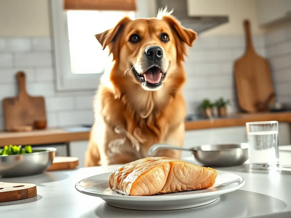 Perro sano admira salmón en cocina