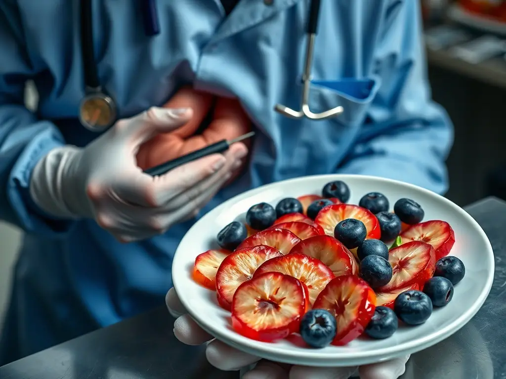 Foto realista del veterinario examinando estómago de perro y un plato de membeillo azul