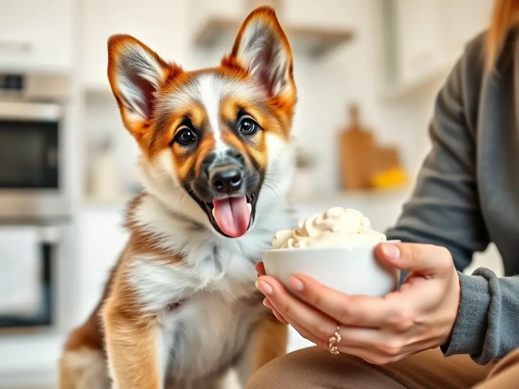 Imagen realista de un cachorro de pastor alemán comiendo helado