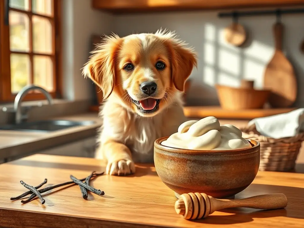 Cachorro feliz en cocina soleada con golosina