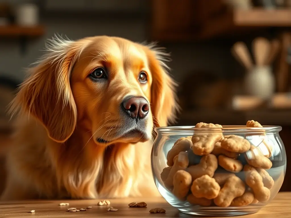 Fotografía realista de un labrador retriever contemplando un plato de galletas caseras