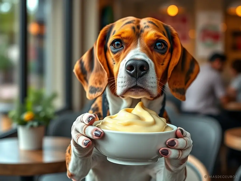 Foto realista de un Beagle con vainilla en un café